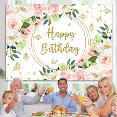 Lofaris Pink White Floral Gold Glitter Happy Birthday Backdrop