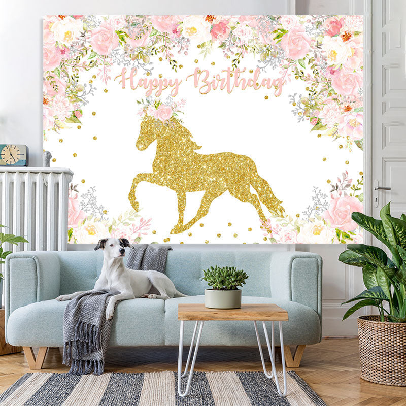 Lofaris Pink White Flower Golden Horse Animal Birthday Backdrop