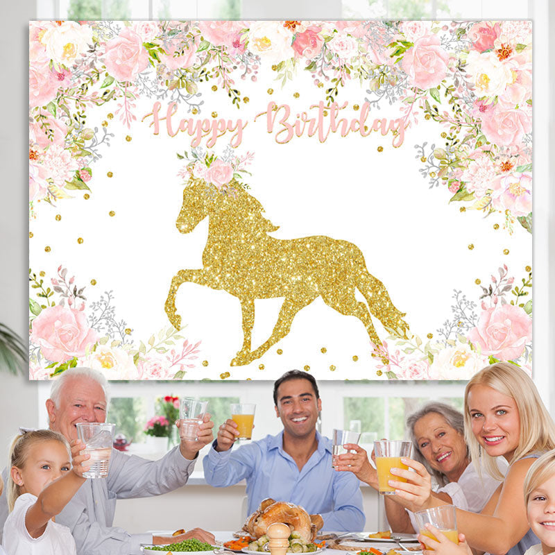 Lofaris Pink White Flower Golden Horse Animal Birthday Backdrop