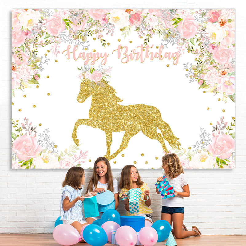 Lofaris Pink White Flower Golden Horse Animal Birthday Backdrop