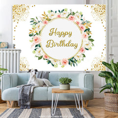 Lofaris Pink White Flral Gold Glitter Happy Birthday Backdrop