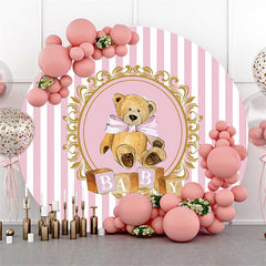 Lofaris Pink White Stripes Round Khaki Teddy Baby Shower Backdrop