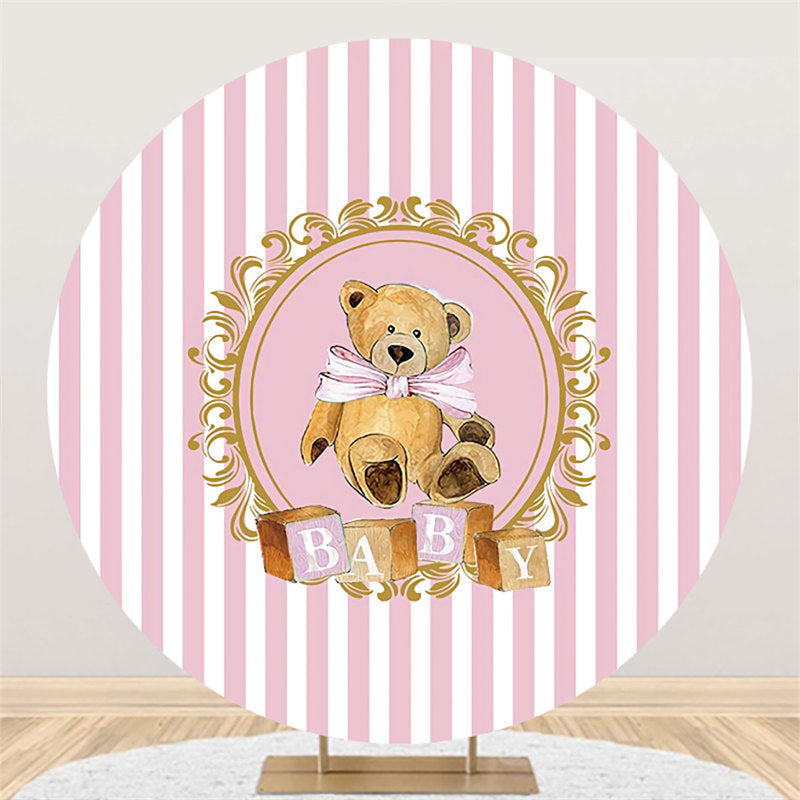Lofaris Pink White Stripes Round Khaki Teddy Baby Shower Backdrop