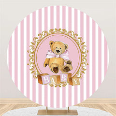 Lofaris Pink White Stripes Round Khaki Teddy Baby Shower Backdrop