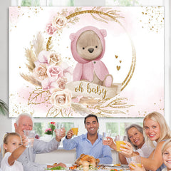 Lofaris Pink With Golden Bear Floral Cute Baby Shower Backdrop