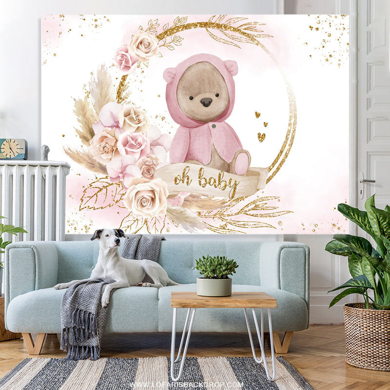 Lofaris Pink With Golden Bear Floral Cute Baby Shower Backdrop