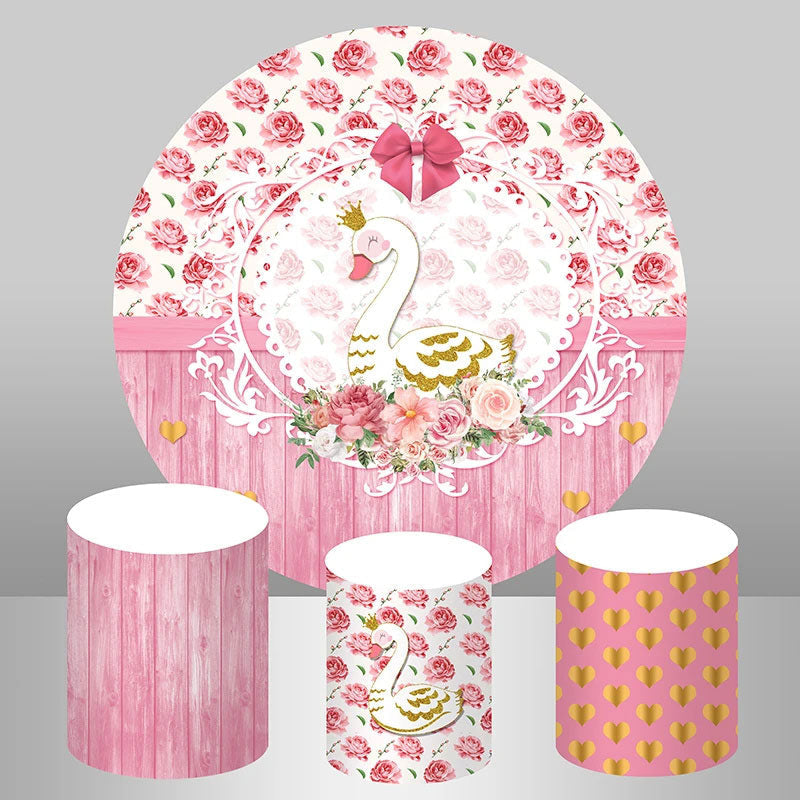 Lofaris Pink Wooden Floral Swan Girl Round Backdrop Kit
