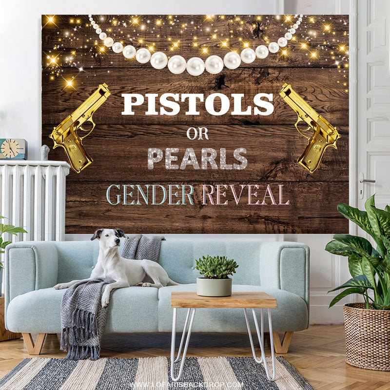 Lofaris Pistols Or Pearls Shiny Wooden Gender Reveal Backdrop
