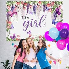 Lofaris Pruple Flowers And Butterfly Theme Baby Shower Backdrop