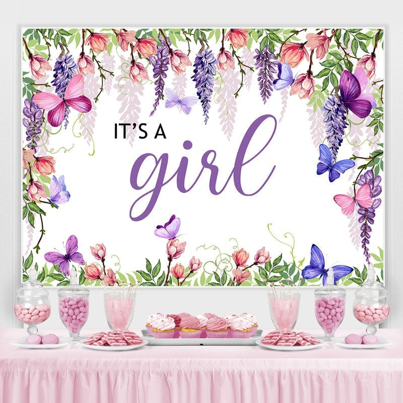 Lofaris Pruple Flowers And Butterfly Theme Baby Shower Backdrop