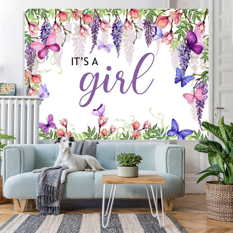 Lofaris Pruple Flowers And Butterfly Theme Baby Shower Backdrop