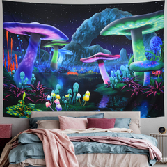 Lofaris Psychedelic Blacklight Mushroom Fantasy Starry Night Sky Tapestry