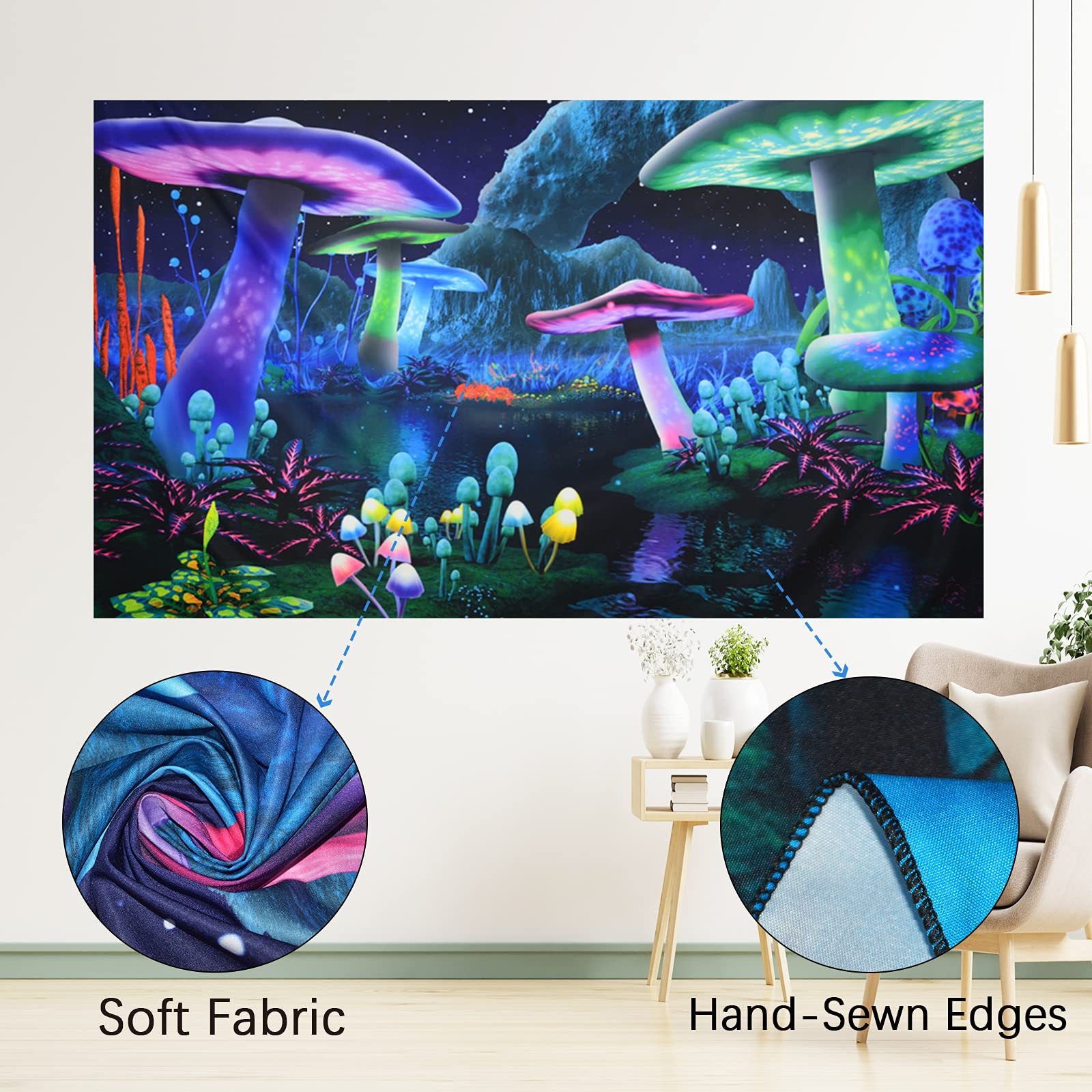 Lofaris Psychedelic Blacklight Mushroom Fantasy Starry Night Sky Tapestry
