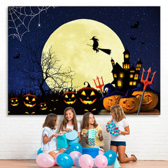 Lofaris Pumpkin Full Moon Bat Gloomy Castle Witch Halloween Backdrop