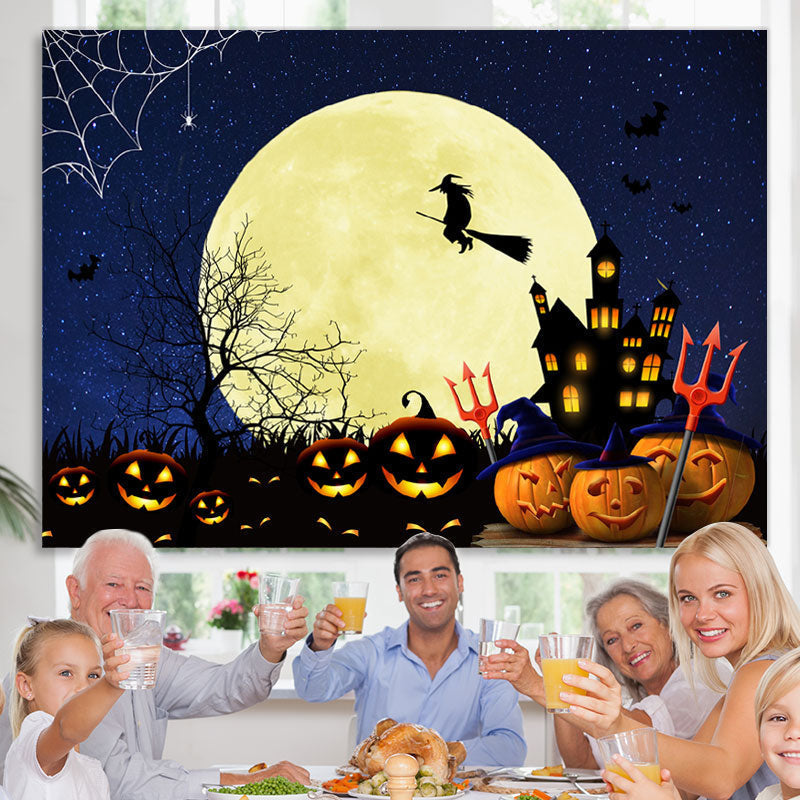 Lofaris Pumpkin Full Moon Bat Gloomy Castle Witch Halloween Backdrop