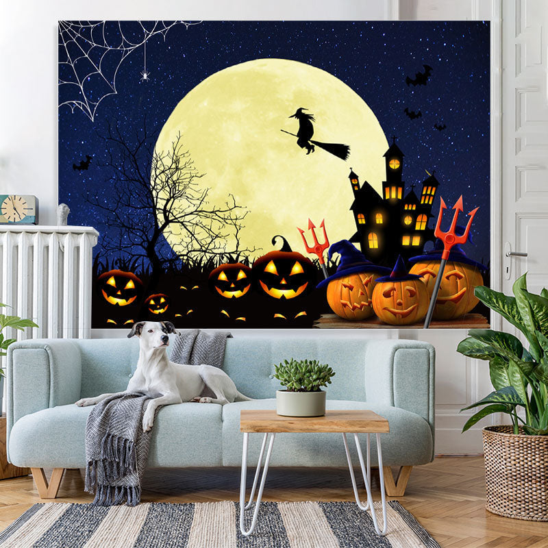 Lofaris Pumpkin Full Moon Bat Gloomy Castle Witch Halloween Backdrop
