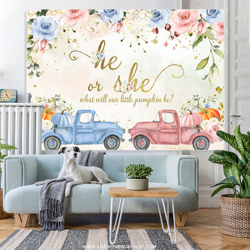 Lofaris Pumpkin Gender Reveal Truck Flower Baby Shower Backdrop