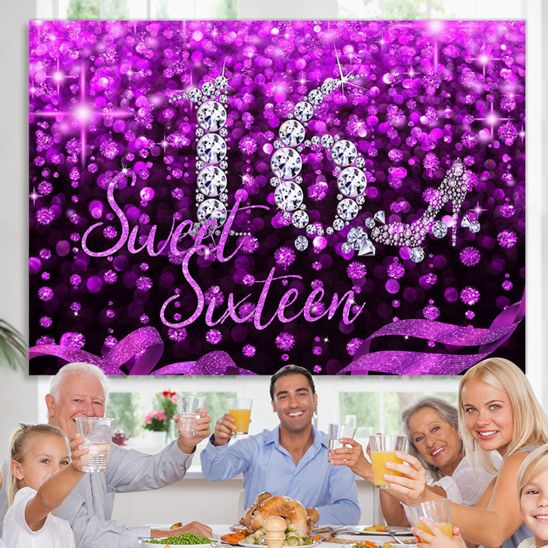 Lofaris Purple And Black Glitter Sweet 16th Birthday Backdrop