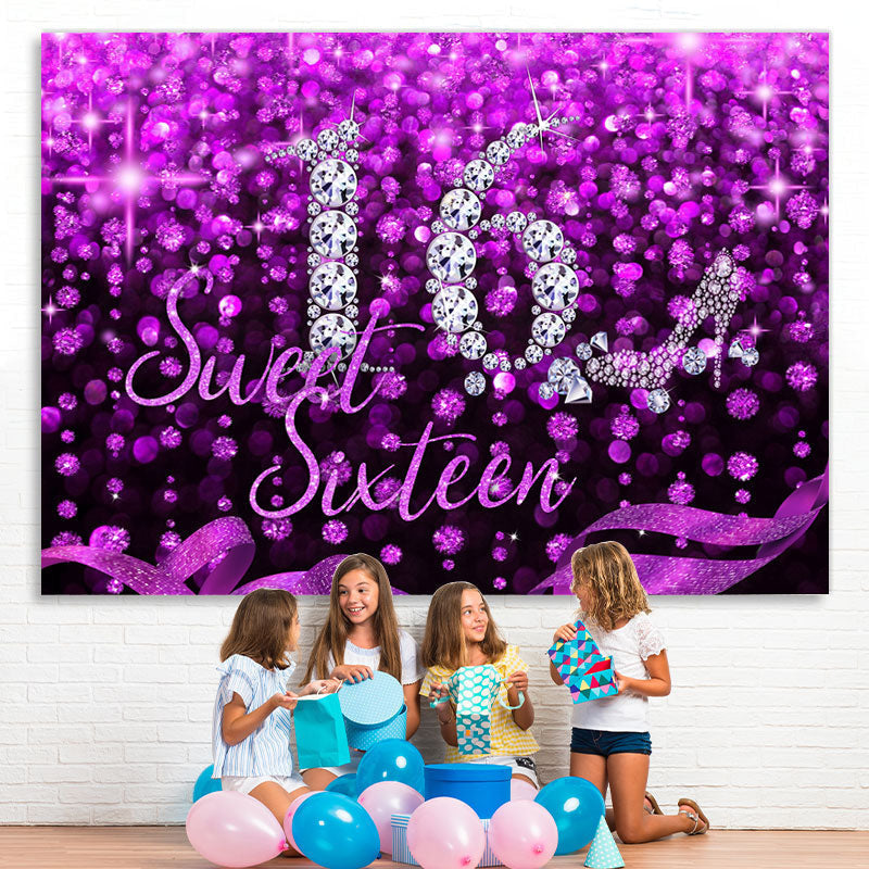 Lofaris Purple And Black Glitter Sweet 16th Birthday Backdrop