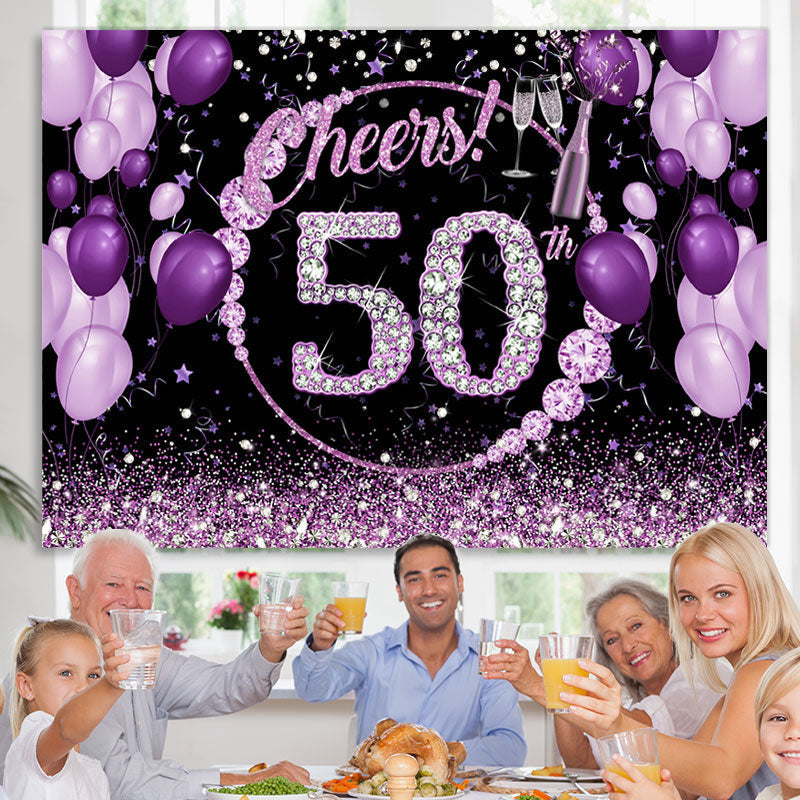 Lofaris Purple And Glitter Cheers To 50Th Birthday Backdrop