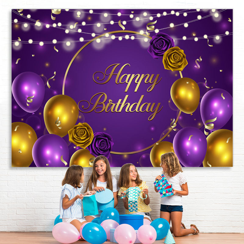 Lofaris Purple And Gold Ballons With Rose Birthday Backdrop