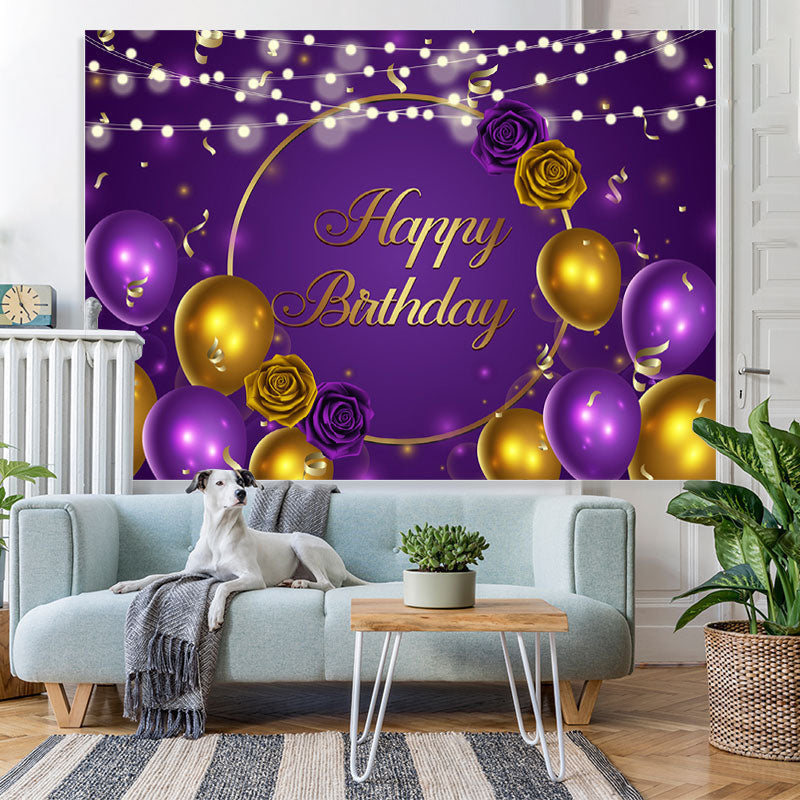 Lofaris Purple And Gold Ballons With Rose Birthday Backdrop