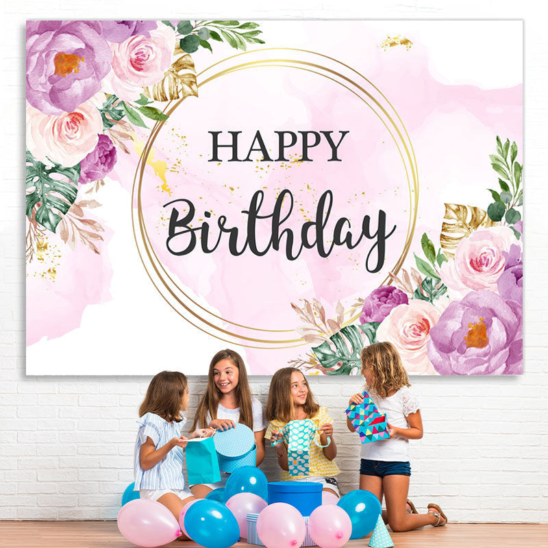 Lofaris Purple and Pink Floral Happy Birthday Backdrop for Girl