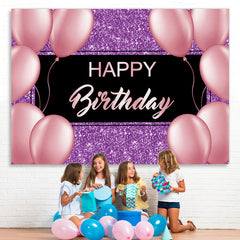 Lofaris Purple And Pink Glitter Balloon Happy Birthday Backdrop