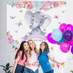 Lofaris purple baby elephant red florals shower backdrop