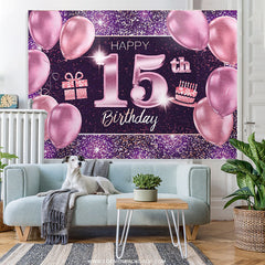 Lofaris Purple Balloons Glitter Gifts 15th Birthday Backdrop