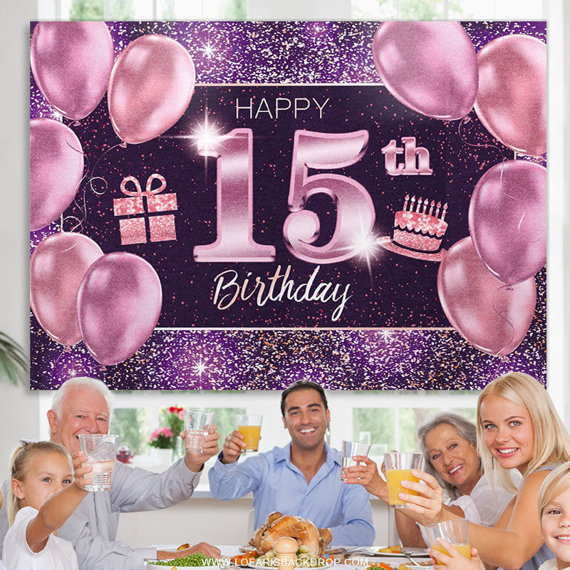 Lofaris Purple Balloons Glitter Gifts 15th Birthday Backdrop