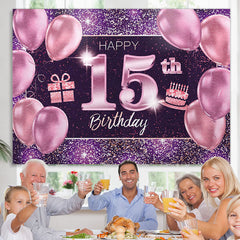 Lofaris Purple Balloons Glitter Gifts 15th Birthday Backdrop