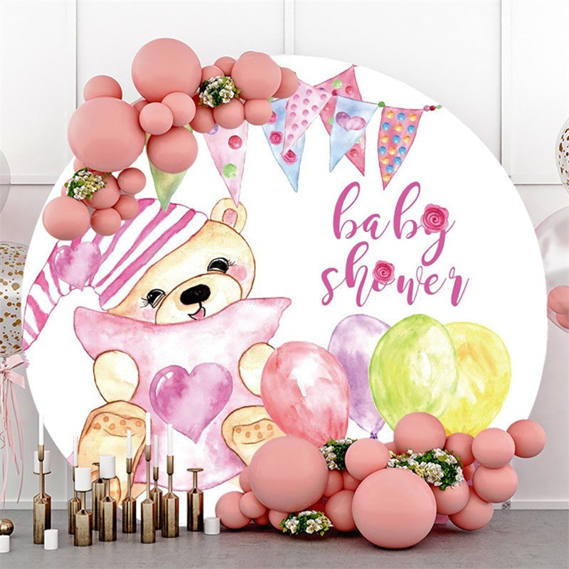Lofaris Purple Balloons With Teddy Round Baby Shower Backdrop