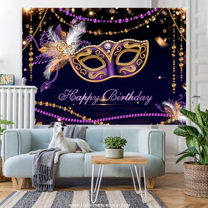 Lofaris Purple Black Gold Masquerade Happy Birthday Backdrop