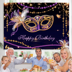 Lofaris Purple Black Gold Masquerade Happy Birthday Backdrop