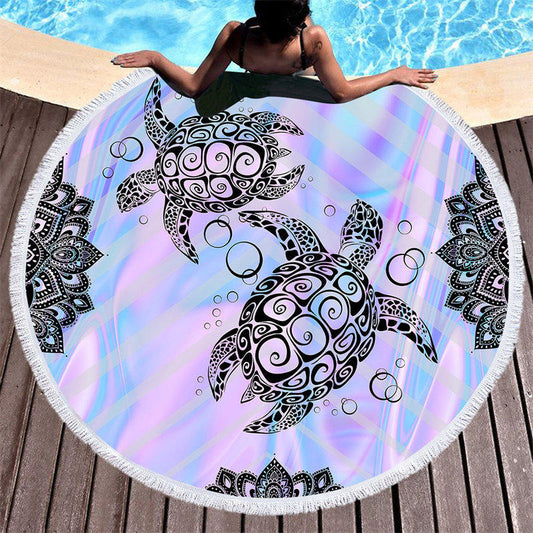 Lofaris Purple Black Sea Turtle Mandala Round Beach Towel