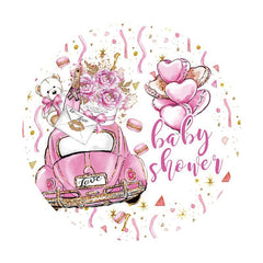 Lofaris Purple Car With Roses Teddy Circle Baby Shower Backdrop