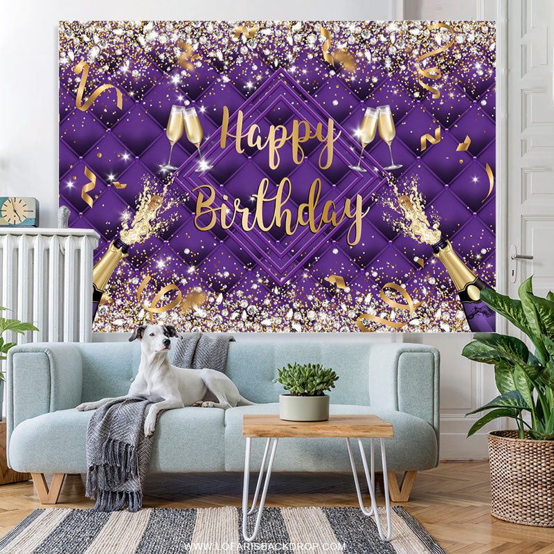 Lofaris Purple Champagne Bottle Ribbion Happy Birthday Backdrop