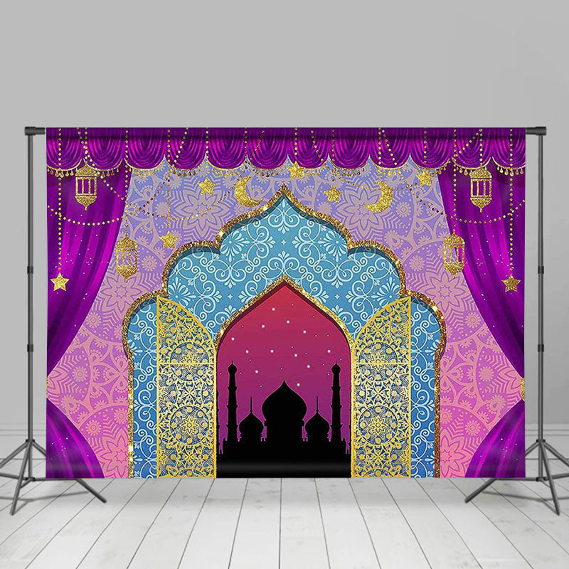 Lofaris Purple Curtain Gold Glitter Blue Castle Birthday Backdrop