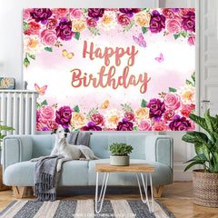 Lofaris Purple Floral And Butterfly Happy Birthday Backdrop