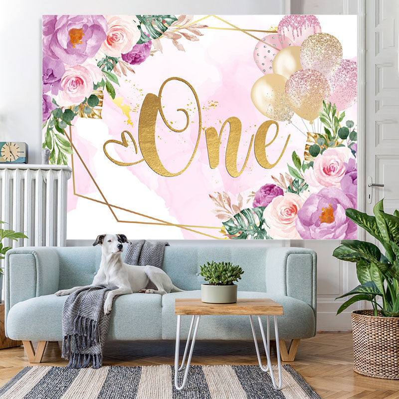 Lofaris Purple Floral And Glitter Ballons 1st Birtdhay Backdrop