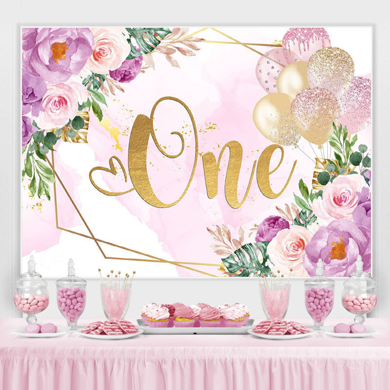 Lofaris Purple Floral And Glitter Ballons 1st Birtdhay Backdrop