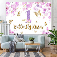 Lofaris Purple Floral and Gold Butterfly 1St Birthday Backdrop