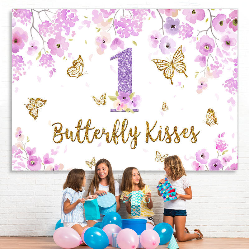 Lofaris Purple Floral and Gold Butterfly 1St Birthday Backdrop