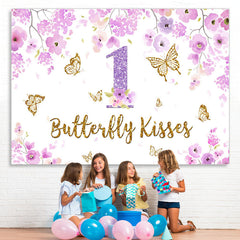 Lofaris Purple Floral and Gold Butterfly 1St Birthday Backdrop