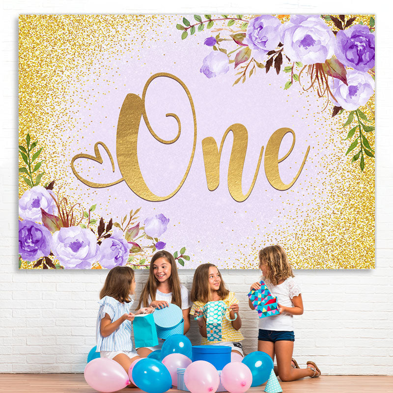Lofaris Purple Floral And Gold Glitter 1st Birthday Backdrop