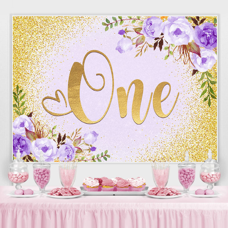 Lofaris Purple Floral And Gold Glitter 1st Birthday Backdrop