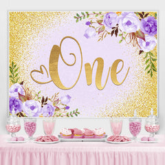 Lofaris Purple Floral And Gold Glitter 1st Birthday Backdrop