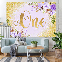 Lofaris Purple Floral And Gold Glitter 1st Birthday Backdrop