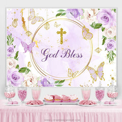 Lofaris Purple Floral Glitter God Bless Baby Shower Backdrop